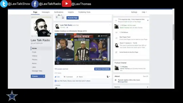 'Video thumbnail for law nation sports: dallas cowboys vs vikings 2016 nfl game facebook live'