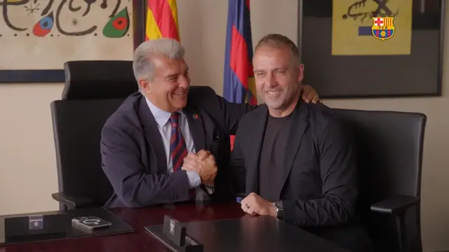 'Video thumbnail for Hansi Flick extends Barcelona contract as head coach until 2027'