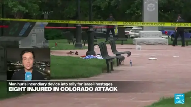 'Video thumbnail for Colorado attack: Man hurls incendiary device into rally for Israeli hostages'