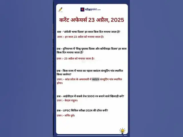'Video thumbnail for 23 April 2025 Current Affairs in Hindi #hindicurrenttaffairs #gkinhindi #dailycurrentaffairsinhindi'