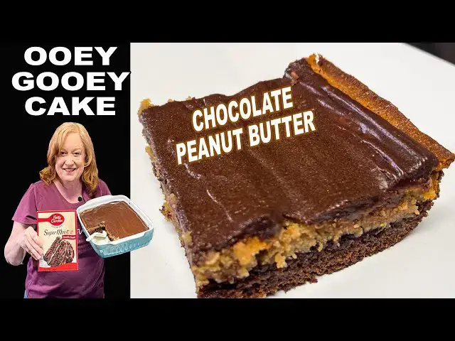 'Video thumbnail for Chocolate Peanut Butter Ooey Gooey Cake, Box Cake Mix Recipe'