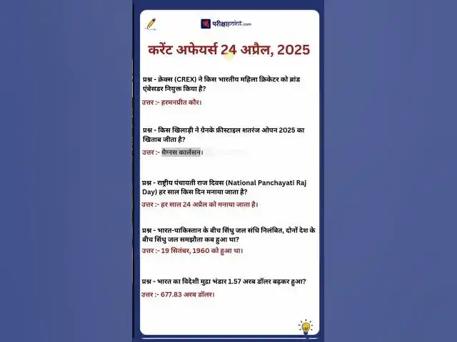 'Video thumbnail for 24 April 2025 Current Affairs in Hindi #hindicurrenttaffairs #gkinhindi #dailycurrentaffairsinhindi'