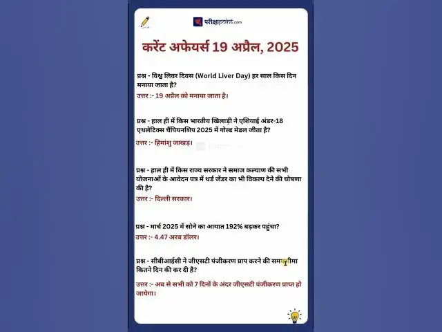'Video thumbnail for 19 April 2025 Current Affairs in Hindi #hindicurrenttaffairs #gkinhindi #dailycurrentaffairsinhindi'