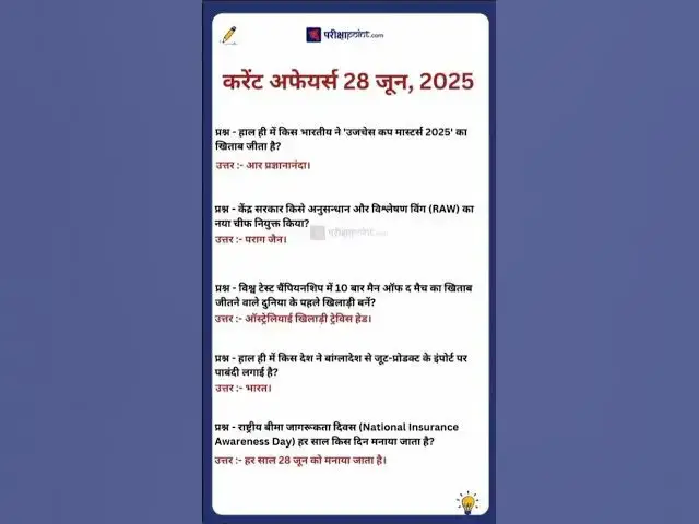 'Video thumbnail for 28 June 2025 Current Affairs in Hindi #hindicurrenttaffairs #gkinhindi #todaycurrentaffairs'