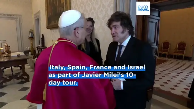 'Video thumbnail for Pope Leo XIV welcomes Argentine President Javier Milei at Vatican'