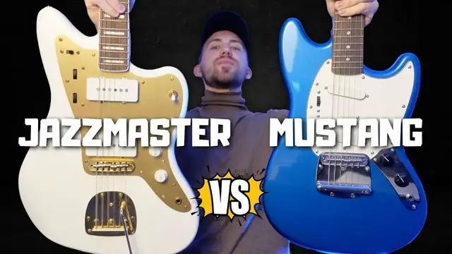 'Video thumbnail for JAZZMASTER vs MUSTANG - Squier 40th Anniversary Jazzmaster vs Squier FSR Classic Vibe Mustang'