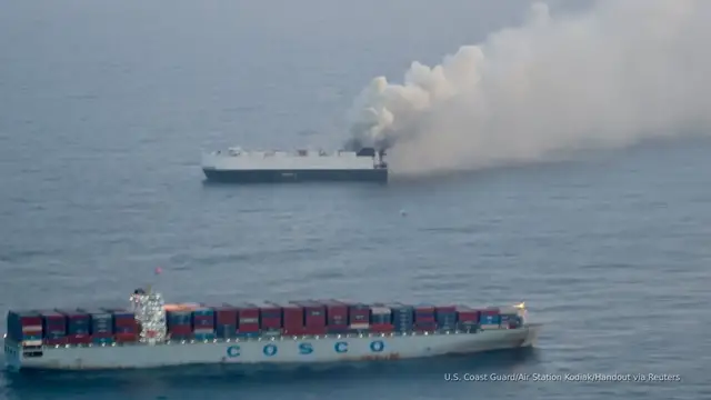 'Video thumbnail for Fire burns on cargo ship carrying electric vehicles off Alaska'