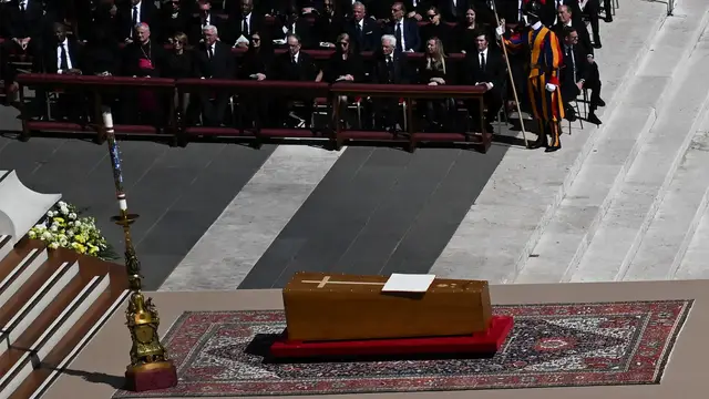 'Video thumbnail for Pope Francis' coffin laid in St Peter's Square at start of funeral'