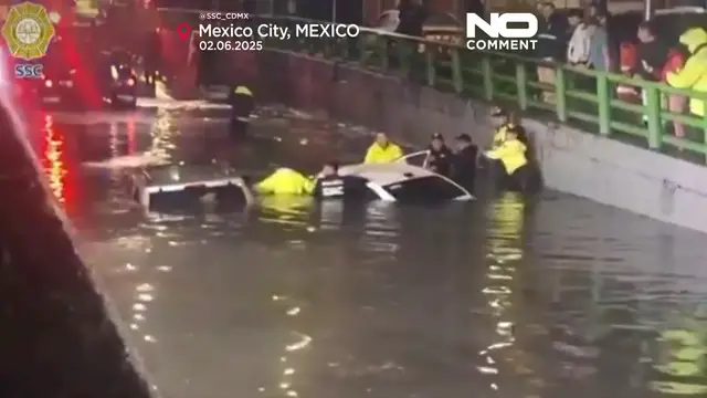 'Video thumbnail for Floodwaters trap vehicles after sudden downpour in Mexico City'