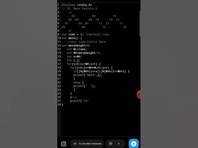 'Video thumbnail for wave pattern printing 👈 #cpattern #cprogramming #coding'