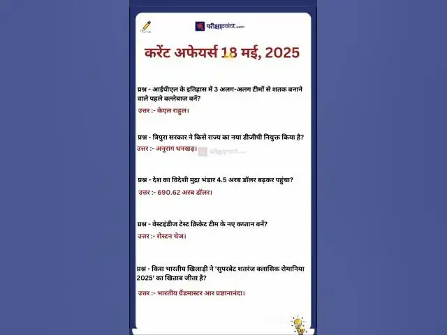 'Video thumbnail for 18 May 2025 Current Affairs in Hindi #hindicurrenttaffairs #gkinhindi #todaycurrentaffairs'