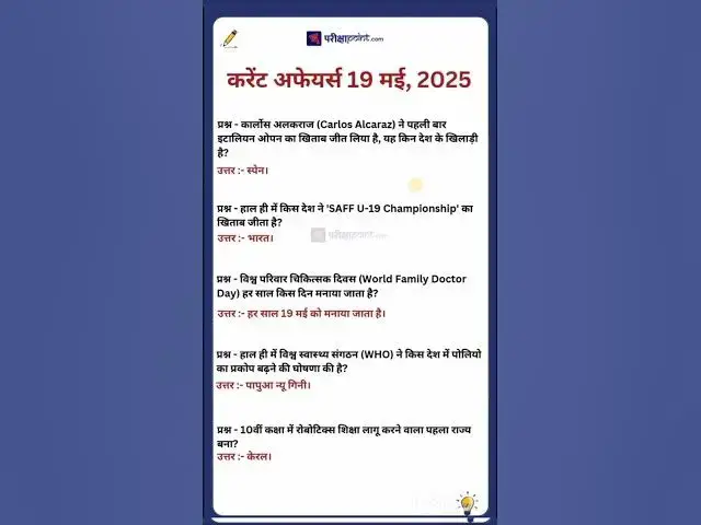 'Video thumbnail for 19 May 2025 Current Affairs in Hindi #hindicurrenttaffairs #gkinhindi #todaycurrentaffairs'