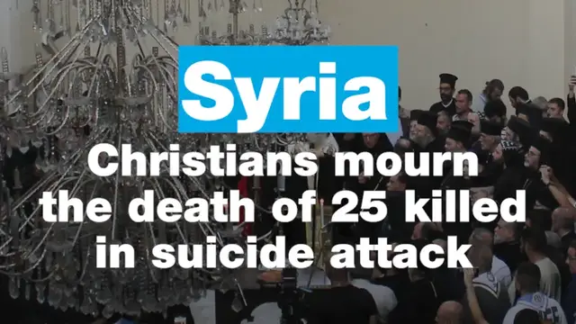 'Video thumbnail for Syrians attend mass at damaged Damascus church after deadly suicide attack'