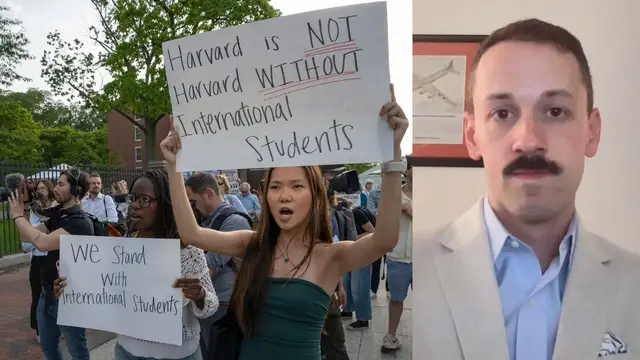 'Video thumbnail for Trump moves to cut Harvard University funding, halts interviews for foreign student visas'
