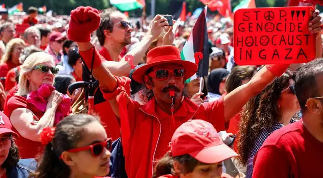 'Video thumbnail for Thousands attend ‘red line’ protest in The Hague against Israel’s Gaza war'