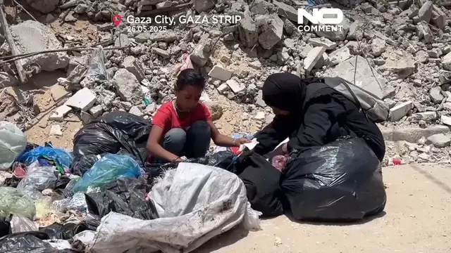 'Video thumbnail for Mother scavenges rubbish to feed children as Gaza faces famine'