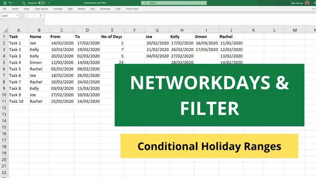 'Video thumbnail for NETWORKDAYS Function with FILTER for Conditional Holidays Ranges'