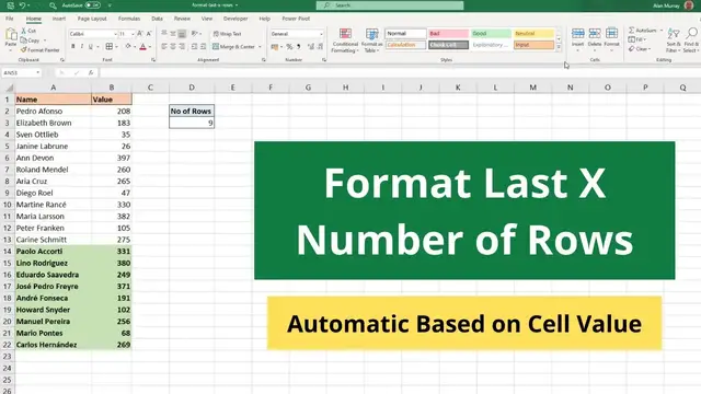 'Video thumbnail for Automatically Format Last X Number of Rows - Excel Trick'