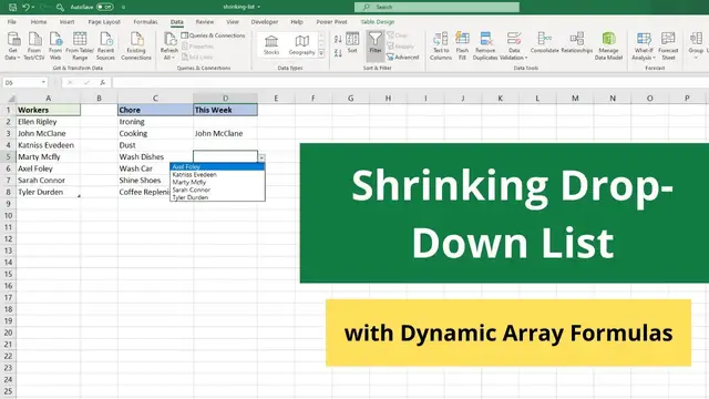 'Video thumbnail for Shrinking Drop-Down List using Dynamic Array Formulas'