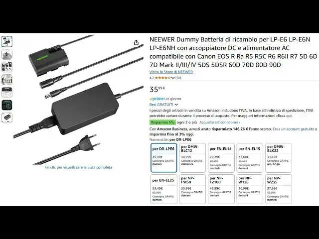 'Video thumbnail for #neewer Dummy Batteria LP-E6 LP-E6N LP-E6NH accoppiatore DC e alimentatore AC compatibile Canon EOS'