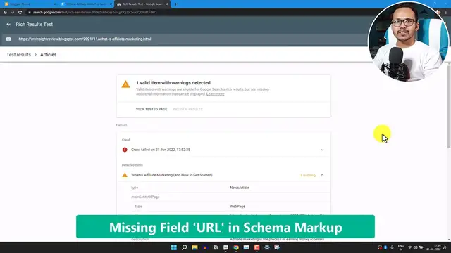'Video thumbnail for How to Fix the author Missing field “URL” error in  Article Schema markup for Blogger'