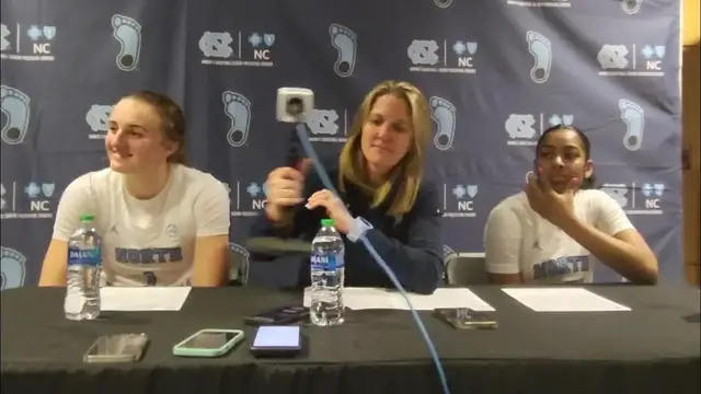 'Video thumbnail for Coach Courtney Banghart and players Deja Kelly and Alyssa Ustby after UNC's win over Ga. Tech.'