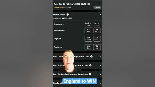 'Video thumbnail for NZ vs Eng - England heavy fav to win #sportsbetting #betfair #cricket #nzvseng #betting #sports'