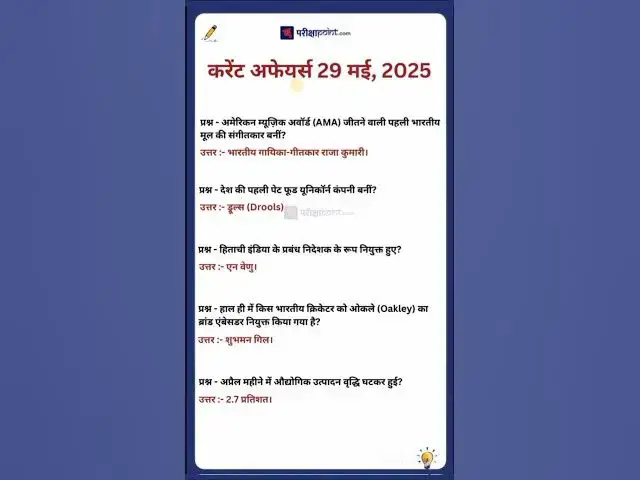 'Video thumbnail for 29 May 2025 Current Affairs in Hindi #hindicurrenttaffairs #gkinhindi #todaycurrentaffairs'