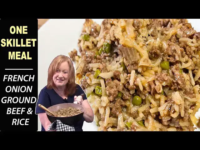 'Video thumbnail for FRENCH ONION GROUND BEEF & RICE One Skillet Meal'