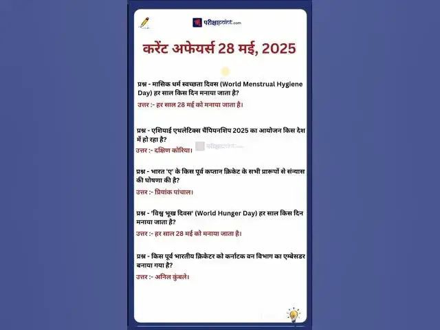 'Video thumbnail for 28 May 2025 Current Affairs in Hindi #hindicurrenttaffairs #gkinhindi #todaycurrentaffairs'