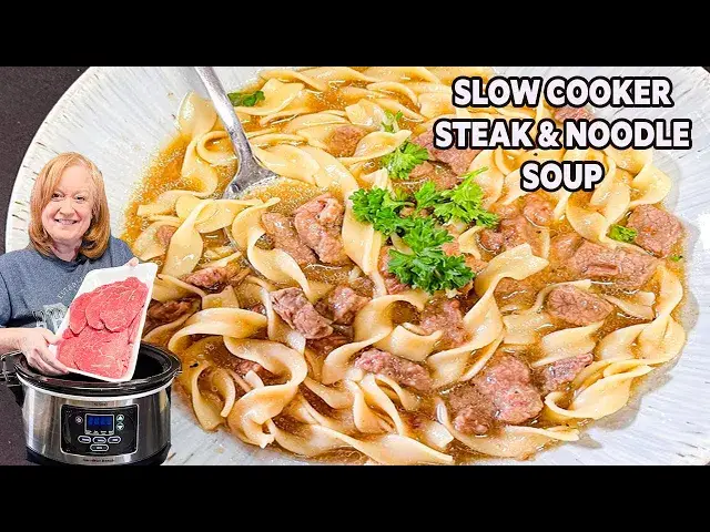 'Video thumbnail for SLOW COOKER STEAK & NOODLE SOUP IN THE CROCKPOT'