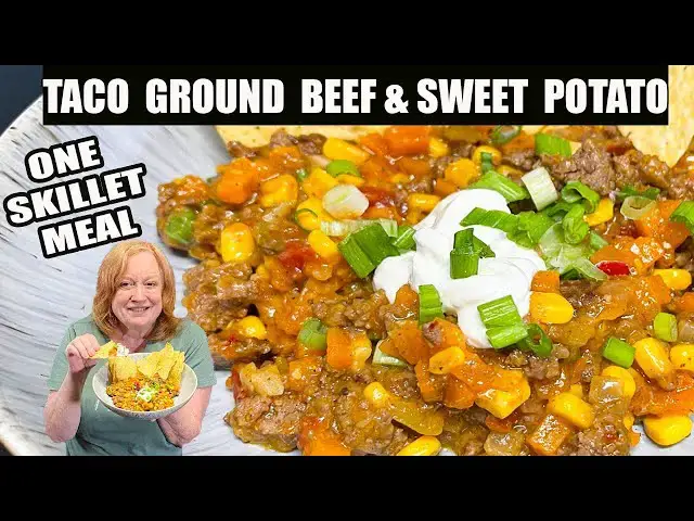 'Video thumbnail for TACO GROUND BEEF & SWEET POTATO SKILLET MEAL SKINNY DISH'