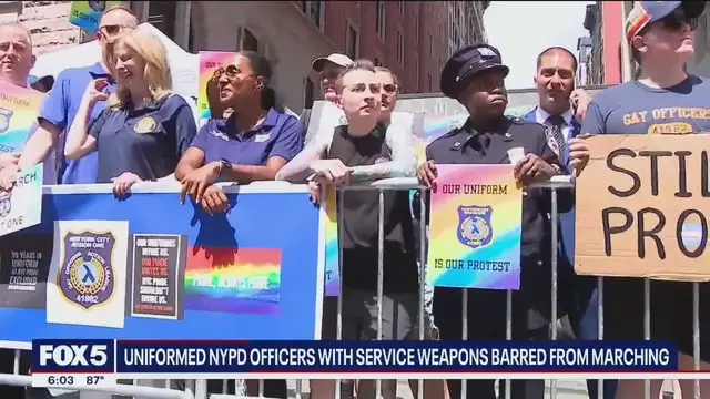 'Video thumbnail for Uniformed NYPD officers with service weapons barred from marching at Pride'