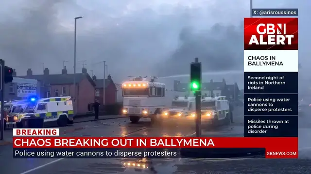 'Video thumbnail for Ballymena riots: GB News’s Mark White says police facing ‘molotov of cocktails’ on second night of violence'