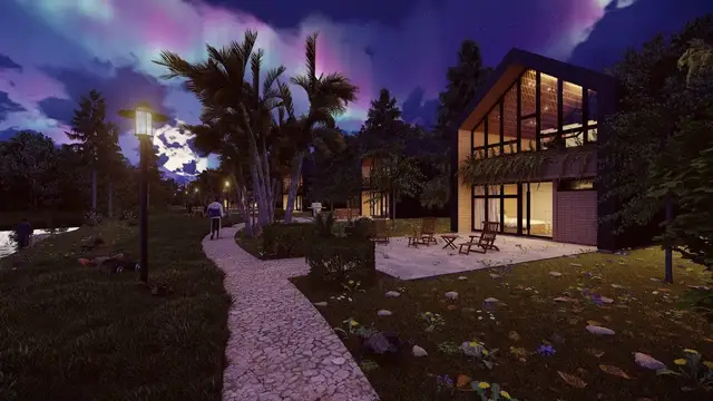 'Video thumbnail for LUMION 11 NIGHT RENDER:3D EXTERIOR RENDER of a Modern House and Surroundings | House On River| Night'