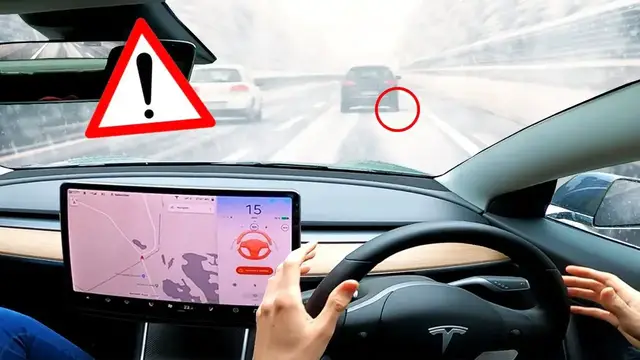 'Video thumbnail for Heavy rain makes Tesla Autopilot swerve off road! BAD WEATHER UK TEST'