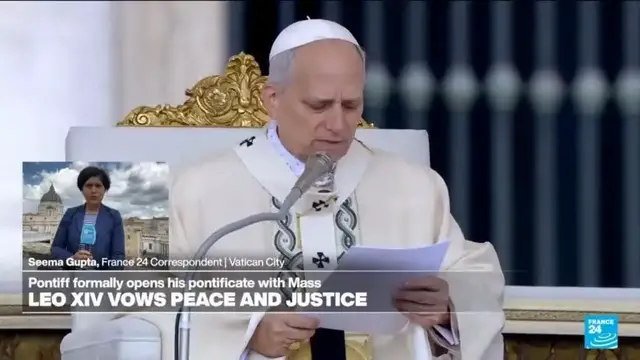 'Video thumbnail for Pope Leo XIV vows peace and justice in first Mass of his pontificate'