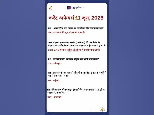 'Video thumbnail for 11 June 2025 Current Affairs in Hindi #hindicurrenttaffairs #gkinhindi #todaycurrentaffairs'