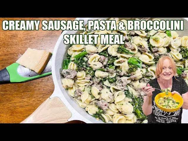 'Video thumbnail for CREAMY SAUSAGE BROCCOLINI PASTA ITALIAN SKILLET MEAL'