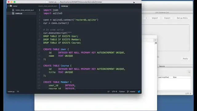 'Video thumbnail for Databases Code Sample: roster.py - Python Tutorial - (Part 69)'