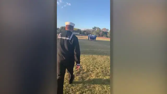 'Video thumbnail for Navy Brother Surprises Sibling During Football Huddle | Happily TV'