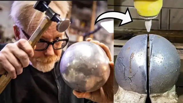 'Video thumbnail for Mythbusters: Adam Savage Cuts Aluminum Foil Ball with Waterjet'