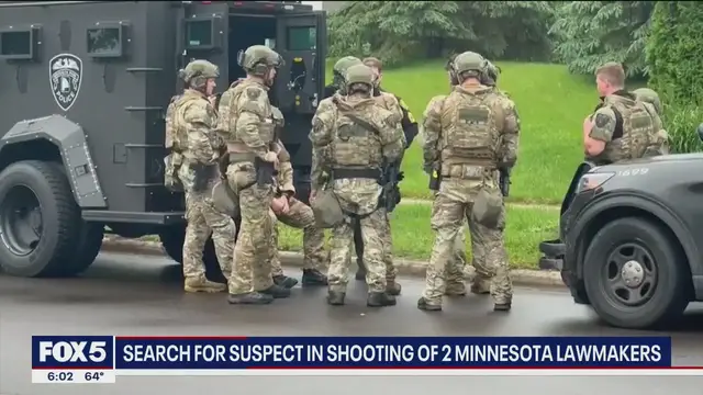 'Video thumbnail for Manhunt intensifies after suspect’s vehicle found in rural Minnesota in shooting of 2 lawmakers'