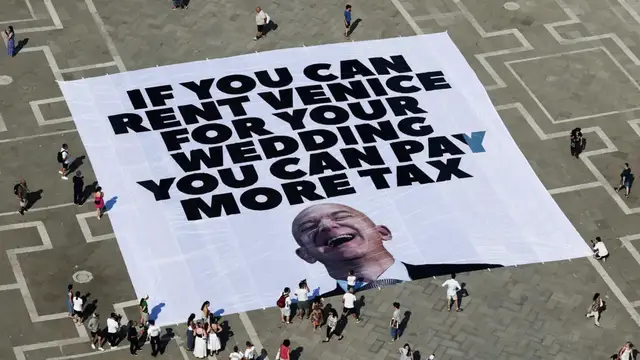 'Video thumbnail for Amazon founder Bezos's Venice wedding triggers cascade of protests over wealth inequality'