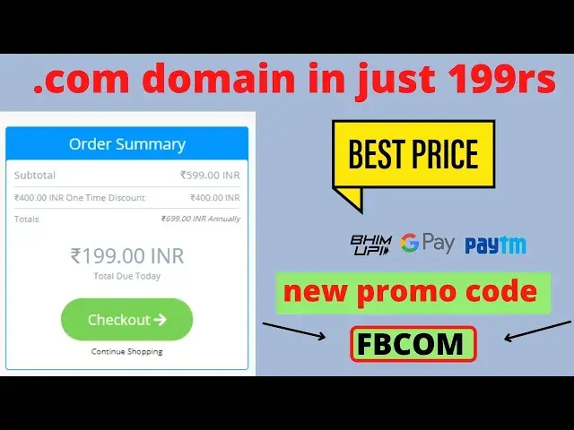 'Video thumbnail for buy .com domain in just 199 Rs with new promo code || all payment method available || free domain'