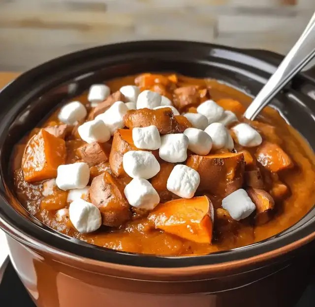'Video thumbnail for Easy Crockpot Sweet Potatoes with Marshmallows Recipe'