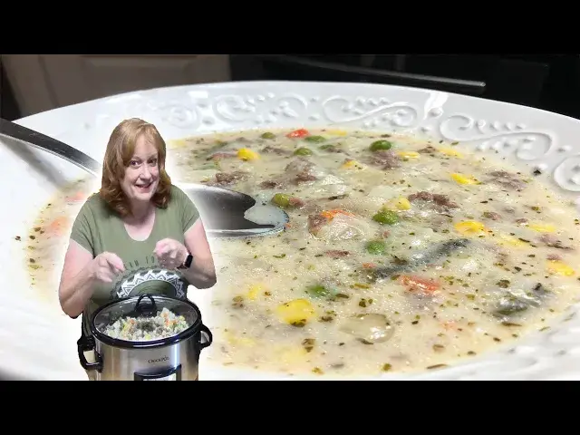 'Video thumbnail for CROCKPOT CREAMY POTATO AND GROUND BEEF SOUP RECIPE | It's Fall Y'all Easy Dump & Go Soup'
