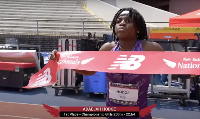 'Video thumbnail for EPIC! Adaejah Hodge dominates the 2023 New Balance Nationals Outdoor 200m dash'