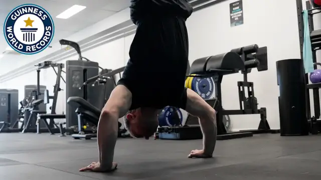 'Video thumbnail for Meet Pete Collins, most handstand pushups in three minutes'