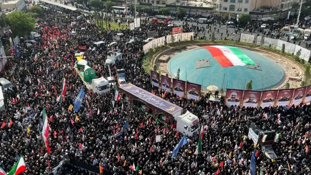 'Video thumbnail for Iran holds state funeral for top commanders, scientists killed by Israel'